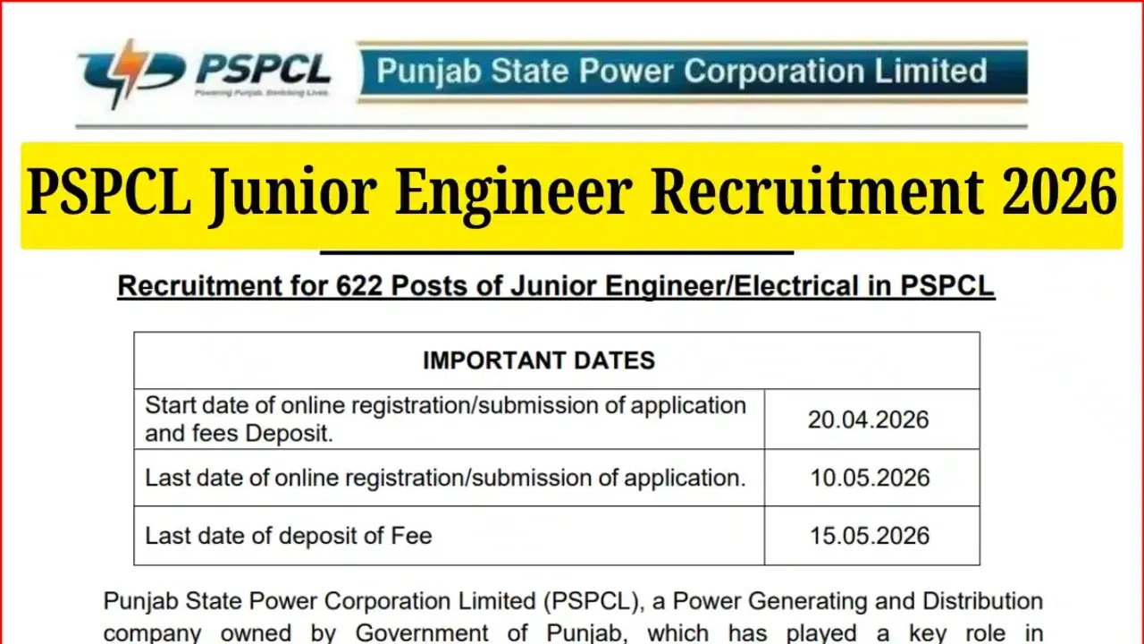 PSPCL JE Recruitment 2026 official notification banner for 622 Junior Engineer vacancies.