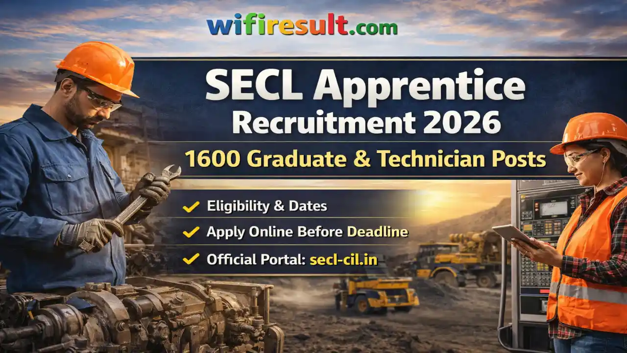 SECL Apprentice Recruitment 2026 notification banner for 1600 Graduate and Technician posts apply online