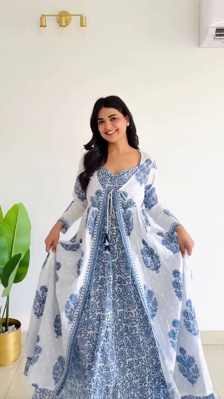 💙 Elegant Floral Anarkali Dress for Women | Premium Ethnic Maxi Gown with Shrug Style Layer 💙