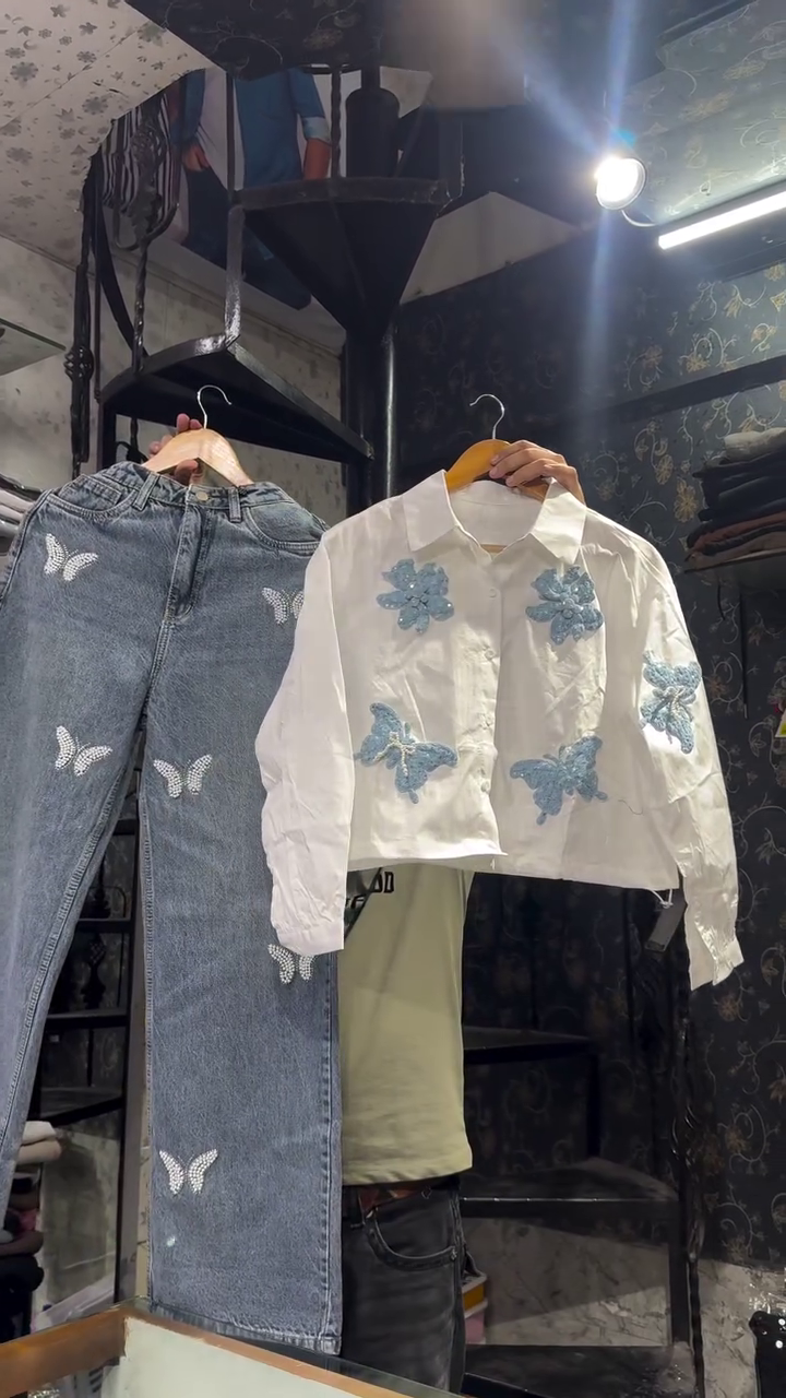 🦋 Trendy Butterfly Denim Jeans & Embellished Shirt Combo for Women | Stylish Korean Fashion Outfit 🦋
